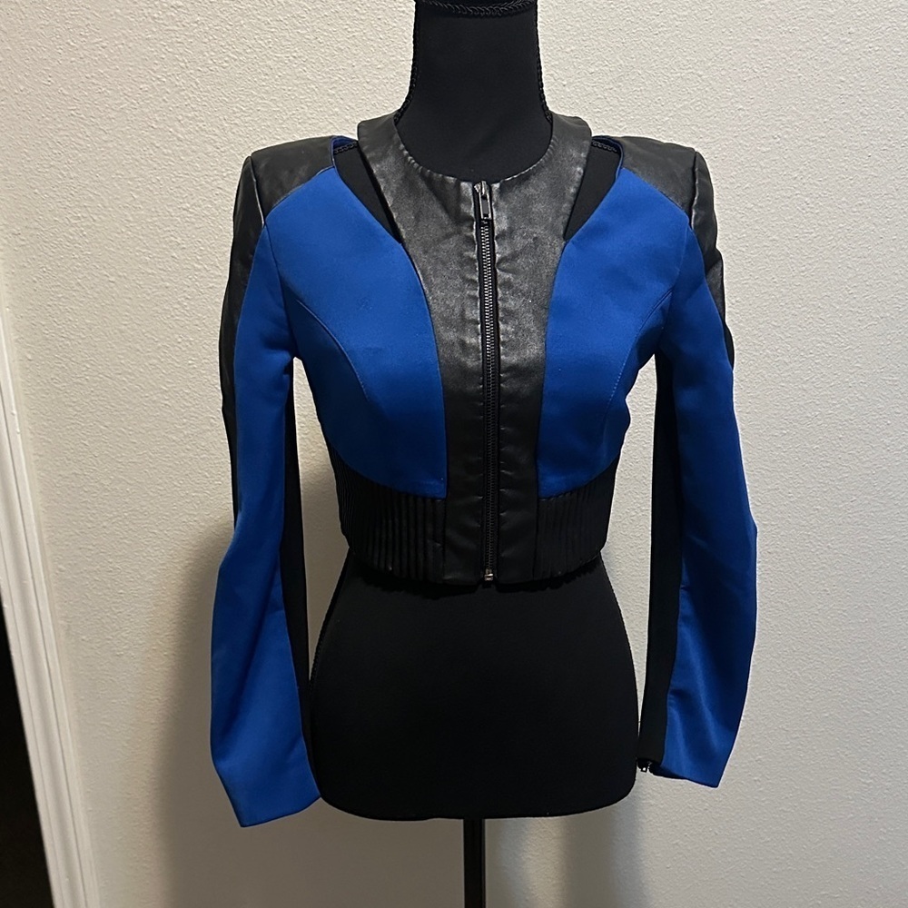 bebe Blue and Black cutout Bomber Jacket